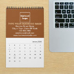 Brown Business Brand on Calendar<br><div class="desc">Brown color business branding on customizable calendar. Customize it by uploading your business logo, typing your business name, address, phone number, e-mail and website. You can include it in your promotional products, giveaway items or gifts to your customers or clients, a marketing strategy to advertise your business or to promote...</div>