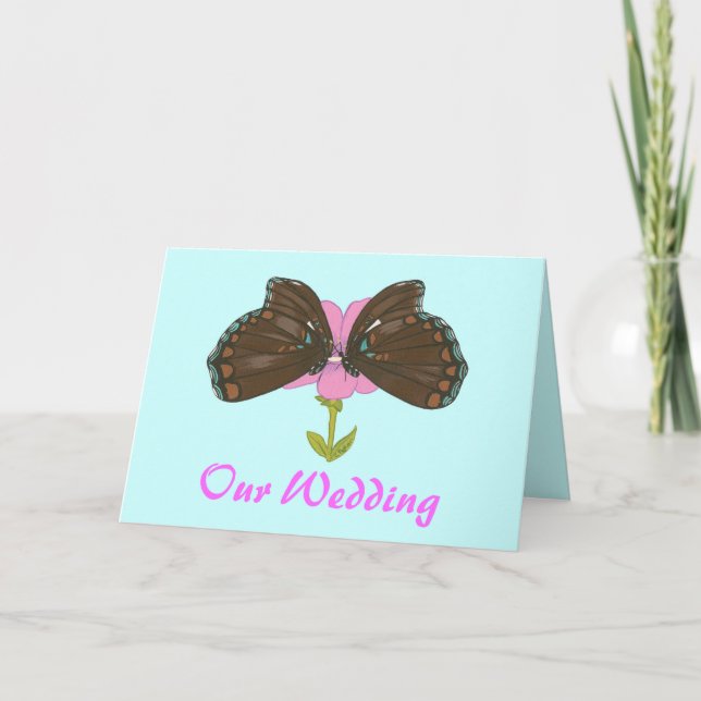Brown Butterflies on Pink Flower, Wedding Invites (Front)