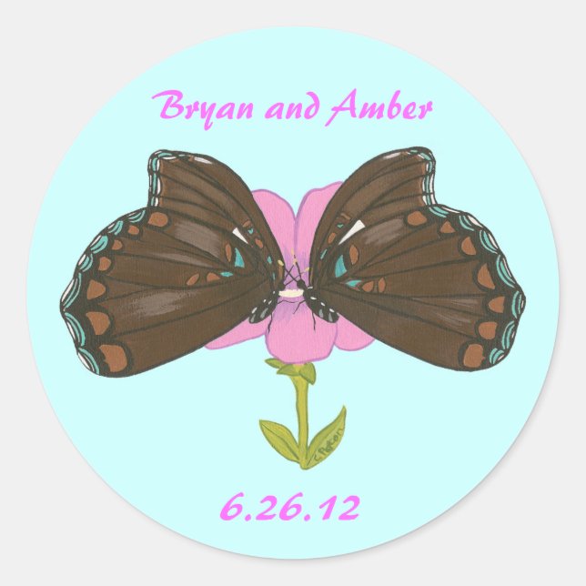 Brown Butterflies Save the date stickers, custom Classic Round Sticker (Front)