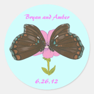 Brown Butterflies Save the date stickers, custom Classic Round Sticker