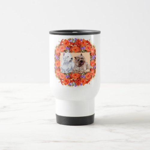 Brown Cairn and Westie Terriers in Floral Travel Mug