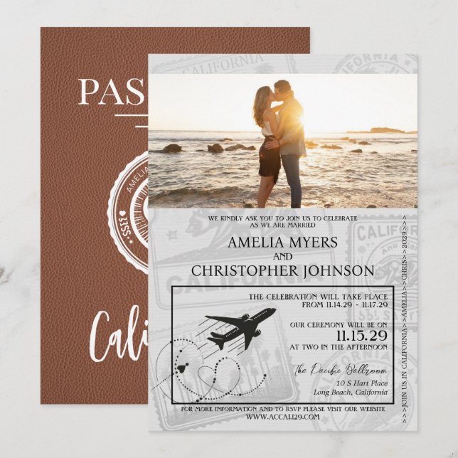 Brown California Passport Wedding Invitation (Front/Back)