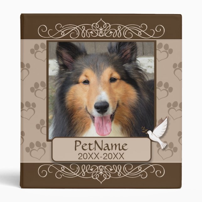 Brown Calligraph Swirls Custom Pet Sympathy 3 Ring Binder (Front)