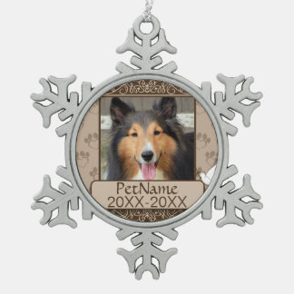 Brown Calligraph Swirls Custom Pet Sympathy Snowflake Pewter Christmas Ornament