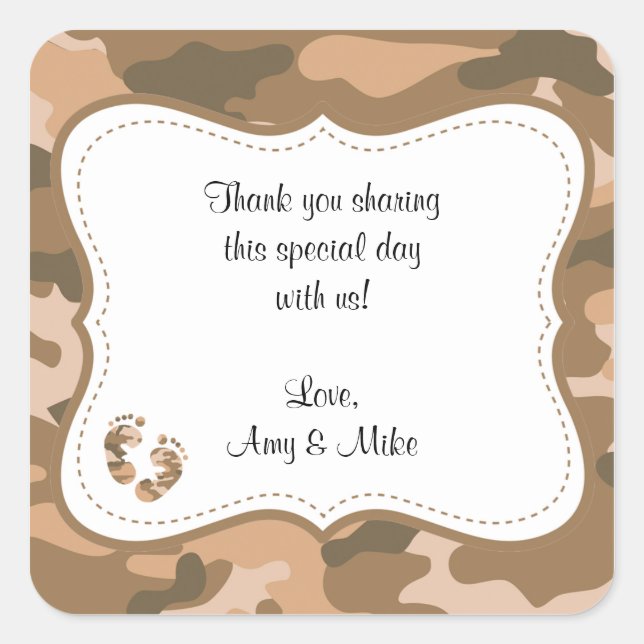 Brown Camo Baby Shower Favor label w/feet (Front)