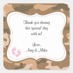 Brown Camo Baby Shower Favor Label w/pink feet