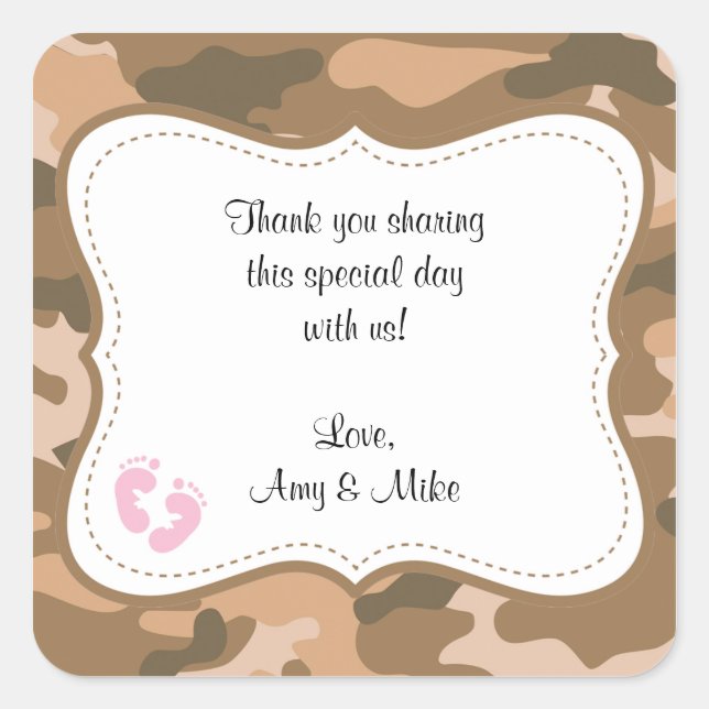 Brown Camo Baby Shower Favor Label w/pink feet (Front)