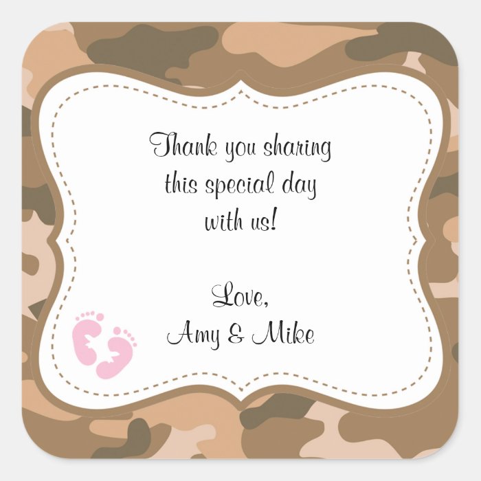 Brown Camo Baby Shower Favor Label w/pink feet Stickers