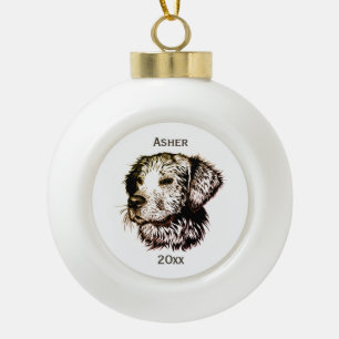 Brown Canine Head Sketch Name and Year Ceramic Ball Christmas Ornament