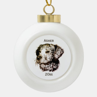 Brown Canine Head Sketch Name and Year Ceramic Ball Christmas Ornament