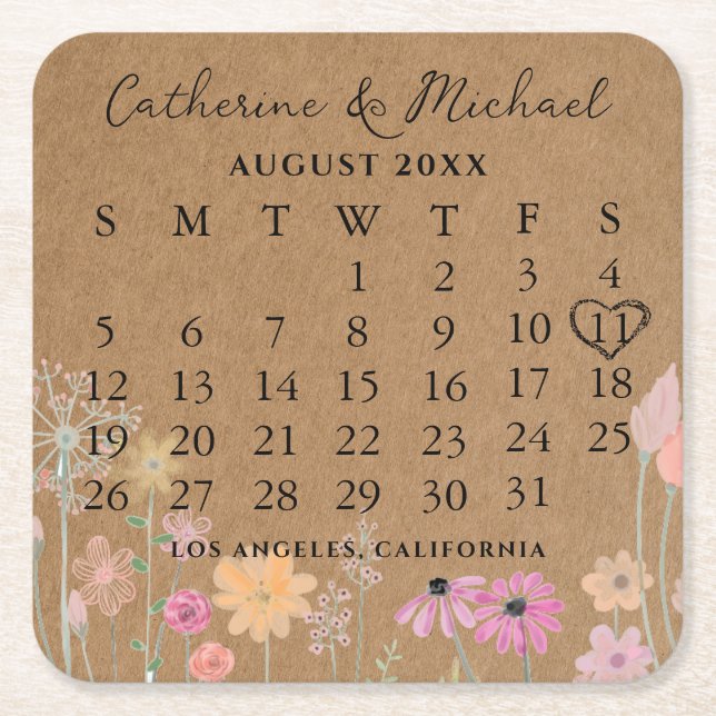Brown Cardboard Photo Date Calendar   Square Paper Coaster (Front)