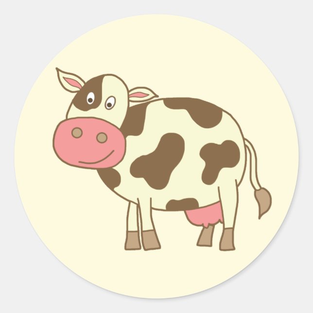 Brown Cartoon Cow Classic Round Sticker (Front)