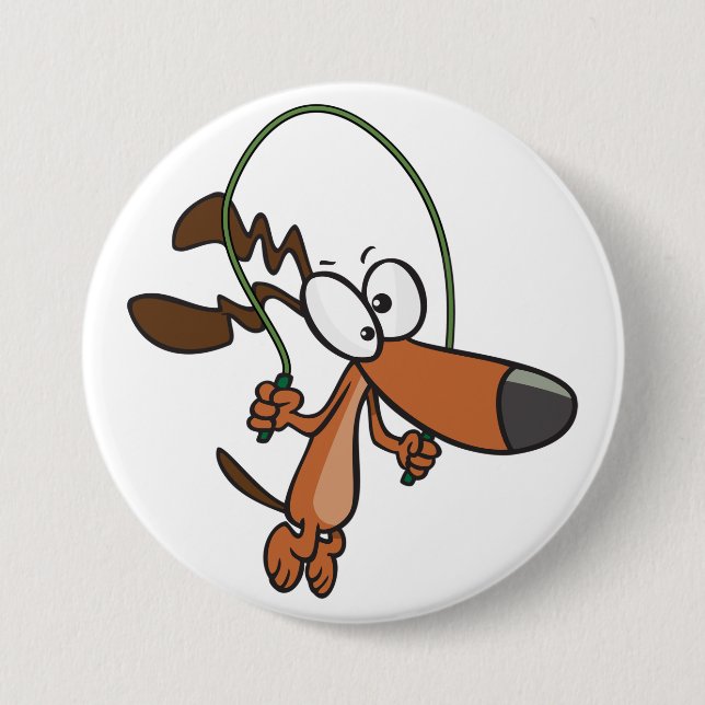 Brown Cartoon Dog Skipping Jump Rope Button (Front)