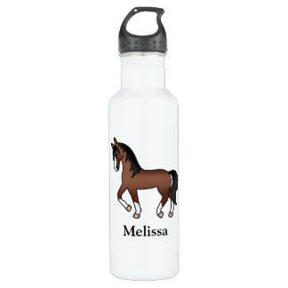 Brown Cartoon Trotting Horse &amp; Custom Name Stainless Steel Water Bottle