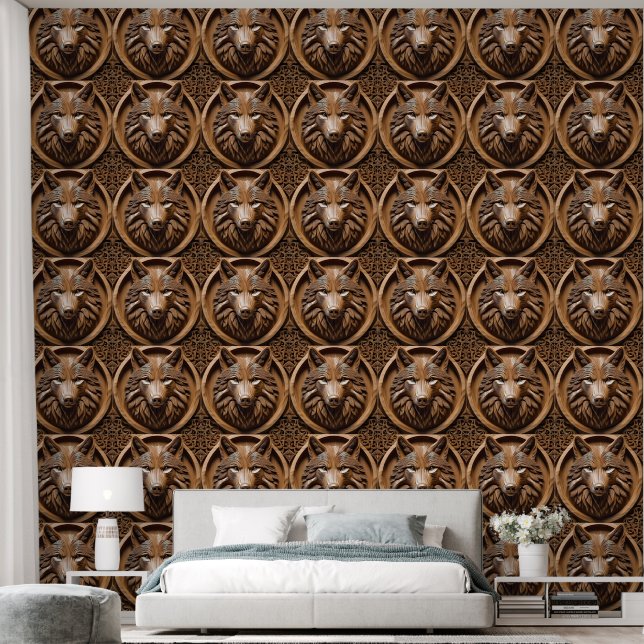 Brown Carved Wolf Head Print, Wallpaper (Bedroom)