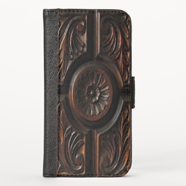 Brown Carved Wood Image iPhone X Wallet Case