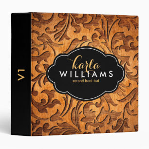 Brown Carved Wood Oriental Floral Design 3 Ring Binder