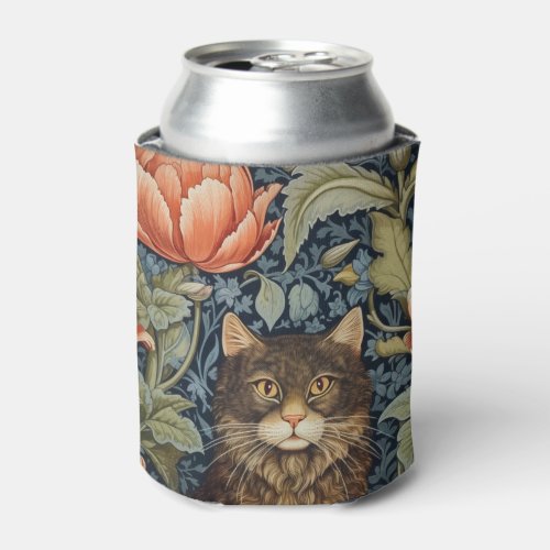 Brown cat and peony flowers art nouveau can cooler