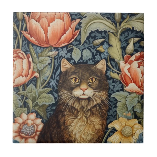 Brown cat and peony flowers art nouveau ceramic tile (Front)