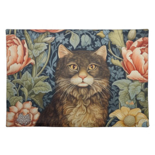 Brown cat and peony flowers art nouveau cloth placemat