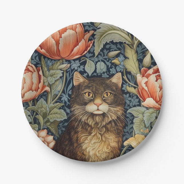 Brown cat and peony flowers art nouveau paper plates (Front)