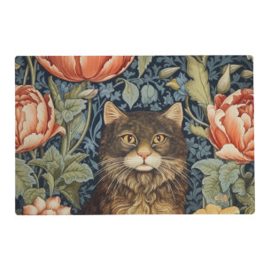Brown cat and peony flowers art nouveau placemat
