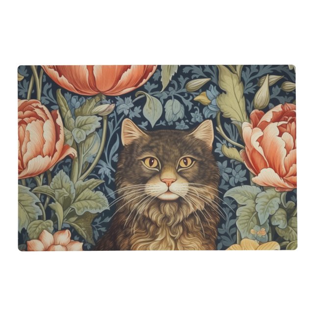 Brown cat and peony flowers art nouveau placemat (Front)