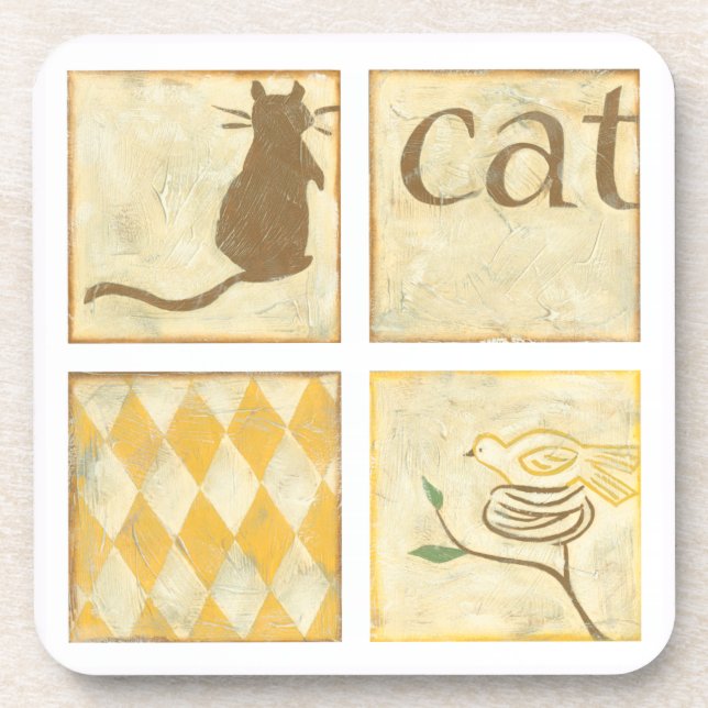 Brown Cat and  Yellow Bird by Chariklia Zarris Coaster (Front)