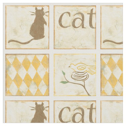 Brown Cat and  Yellow Bird by Chariklia Zarris Fabric