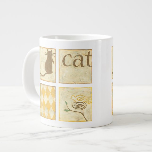 Brown Cat and  Yellow Bird by Chariklia Zarris Giant Coffee Mug (Front Left)