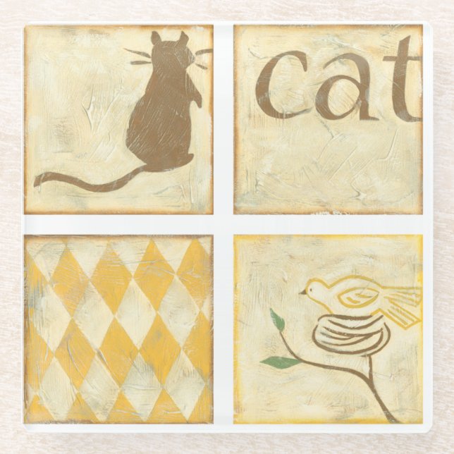 Brown Cat and  Yellow Bird by Chariklia Zarris Glass Coaster (Front)