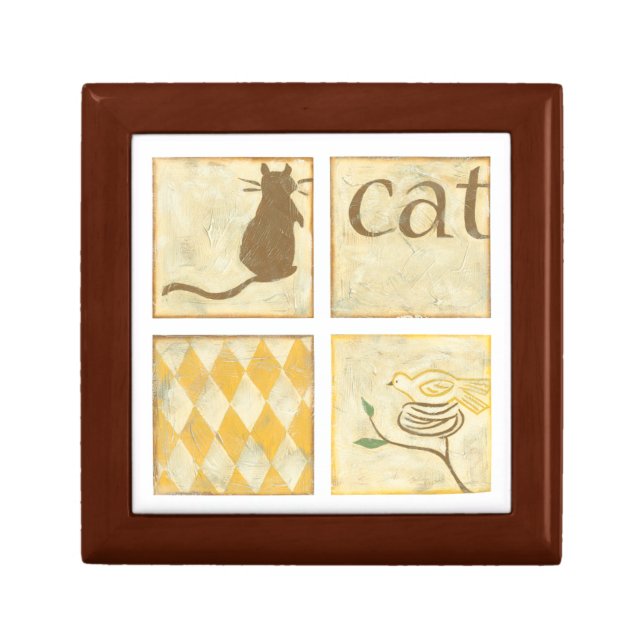 Brown Cat and  Yellow Bird by Chariklia Zarris Keepsake Box (Front)
