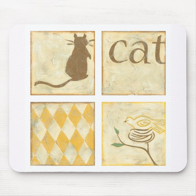 Brown Cat and  Yellow Bird by Chariklia Zarris Mouse Pad (Front)