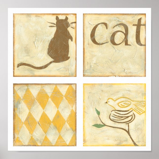 Brown Cat and  Yellow Bird by Chariklia Zarris Poster (Front)
