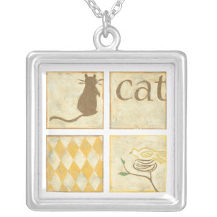 Brown Cat and Yellow Bird by Chariklia Zarris Silver Plated Necklace