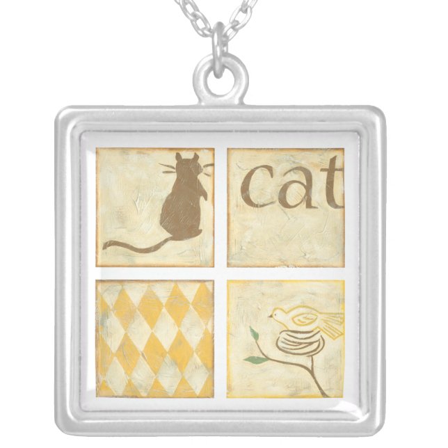 Brown Cat and  Yellow Bird by Chariklia Zarris Silver Plated Necklace (Front)