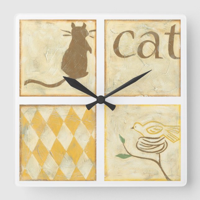 Brown Cat and  Yellow Bird by Chariklia Zarris Square Wall Clock (Front)