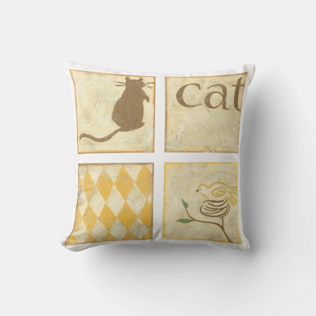 Brown Cat and  Yellow Bird by Chariklia Zarris Throw Pillow (Front)