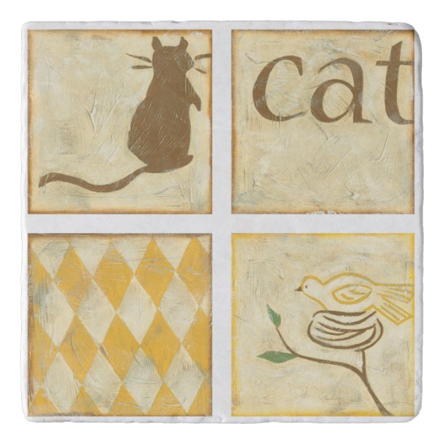 Brown Cat and  Yellow Bird by Chariklia Zarris Trivet (Front)