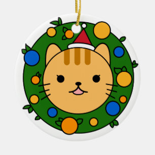 Brown Cat Christmas Wreath   Red Hat Custom Ceramic Ornament