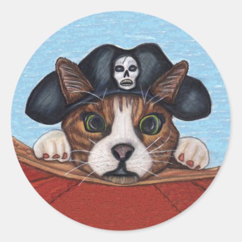 Brown Cat Green Eyes Pirate Hat Skull Red Boat Classic Round Sticker