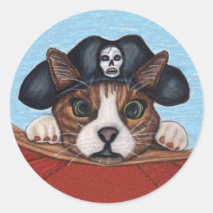 Brown Cat Green Eyes Pirate Hat Skull Red Boat Classic Round Sticker