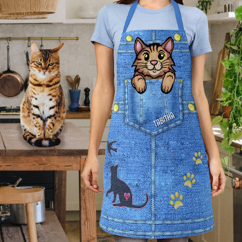 Brown Cat In Faux Denim Pocket With Custom Name Apron by LaborAndLeisure at Zazzle