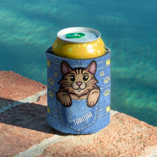 Brown Cat in Faux Denim Pocket with Custom Name Can Cooler