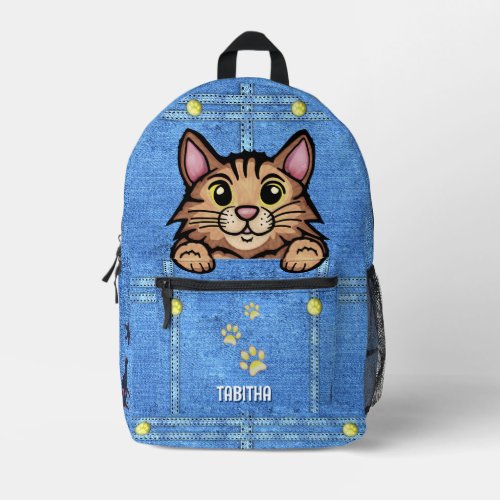 Brown Cat in Faux Denim Pocket with Custom Name Printed Backpack