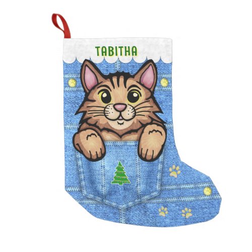Brown Cat in Faux Denim Pocket with Custom Name Small Christmas Stocking