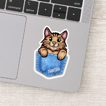 Brown Cat In Faux Denim Pocket With Custom Name Sticker by LaborAndLeisure at Zazzle