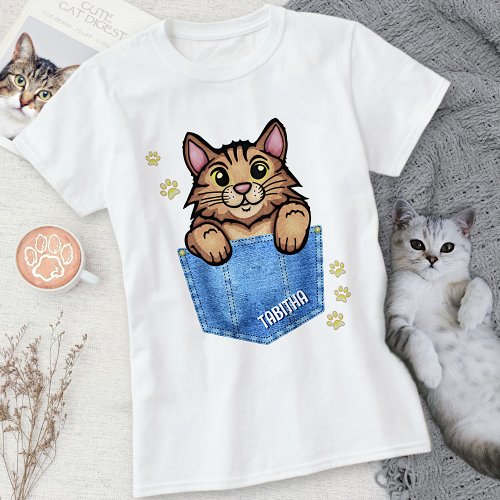 Brown Cat in Faux Denim Pocket with Custom Name T_Shirt
