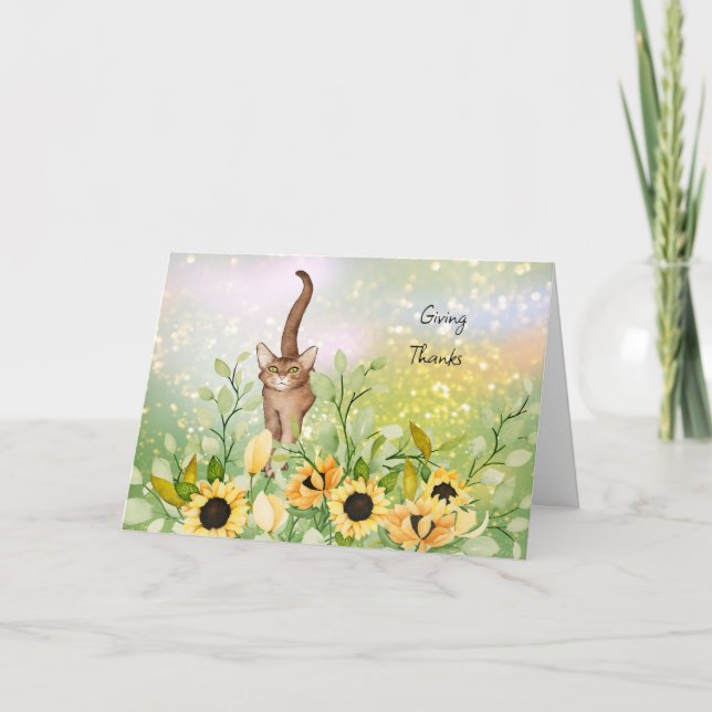Brown Cat with Sunflowers Thanksgiving Card (Front)
