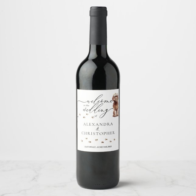 Brown Cavapoo Dog Cute wedding Wine Label (Front)